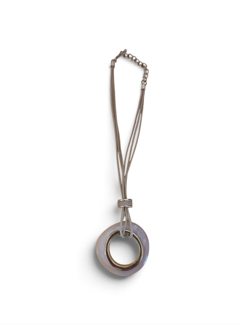 Vintage LiavSophia Beige Leather Cord Round Pendant Necklace in Taupe and Gold